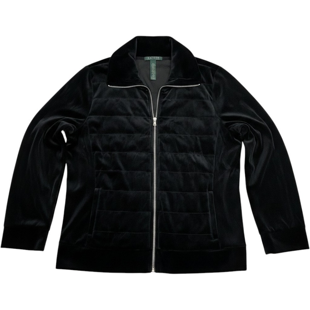 Lauren Ralph Lauren Womens Velvet Jacket L Black Cozy Fall Quilted Front Zip Up